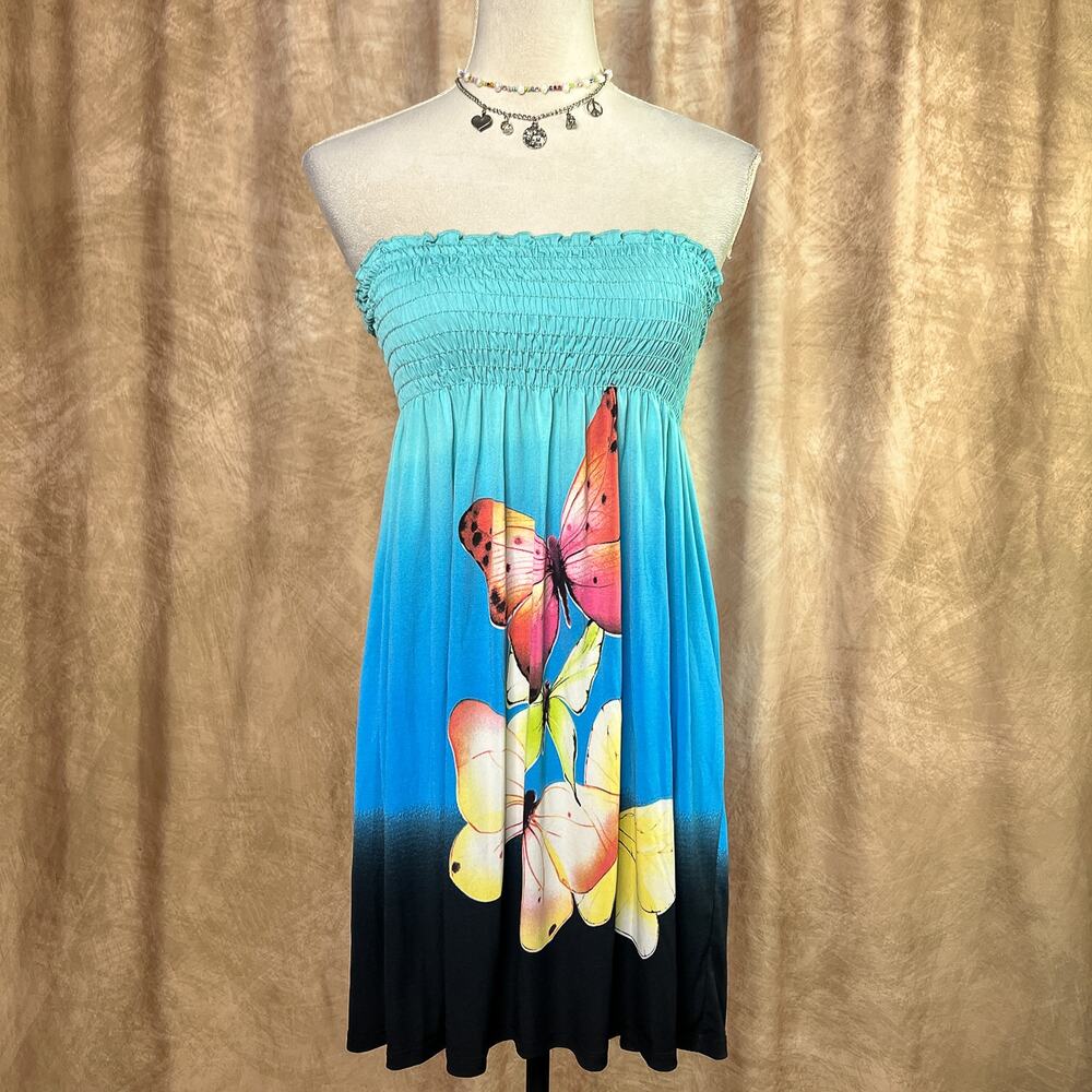 Vintage Y2k Babydoll Dress Butterfly Print Strapless Smocked Bodice Summer Fairy